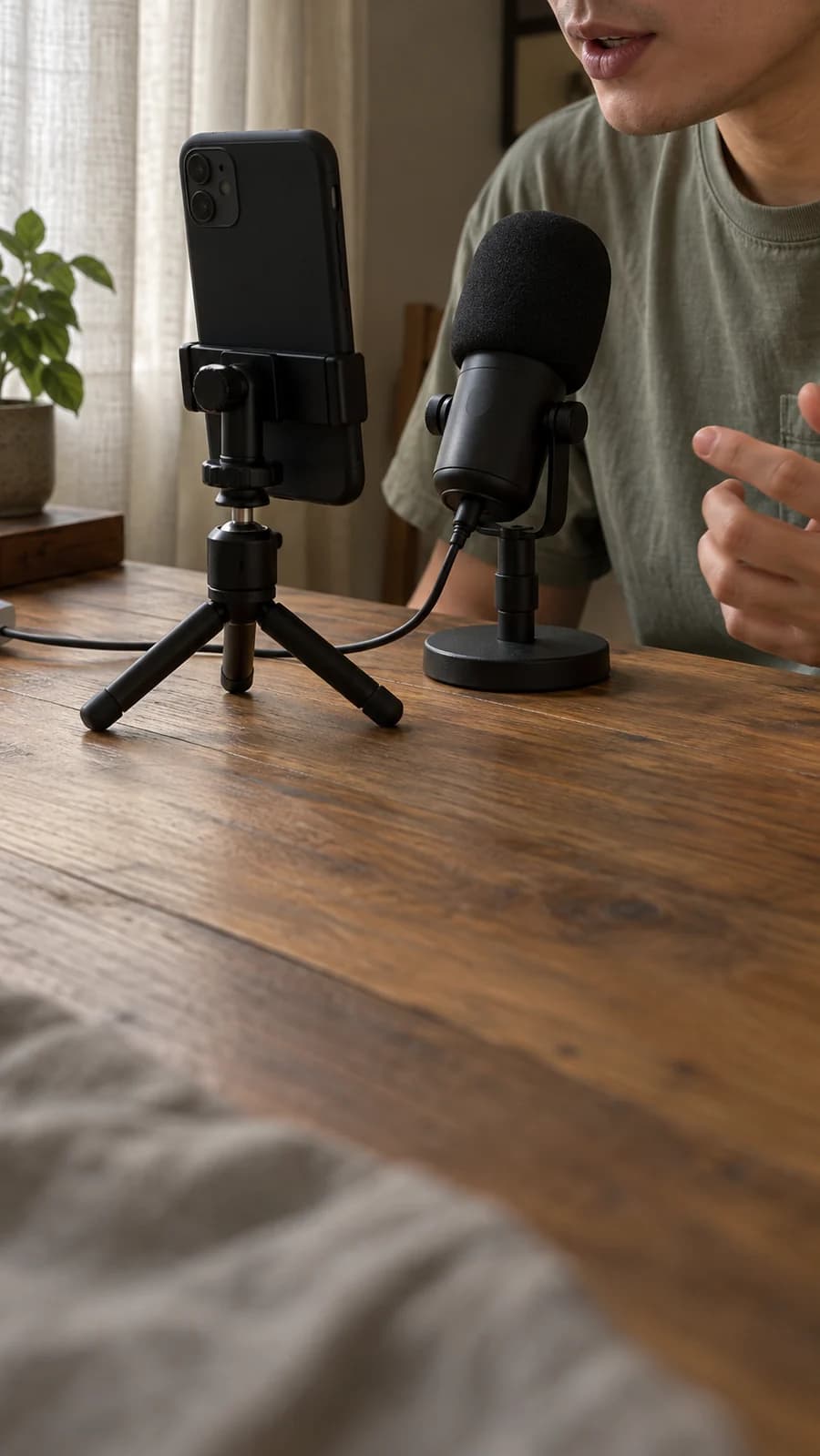 A phone and compact microphone arranged for a clearer-audio tutorial