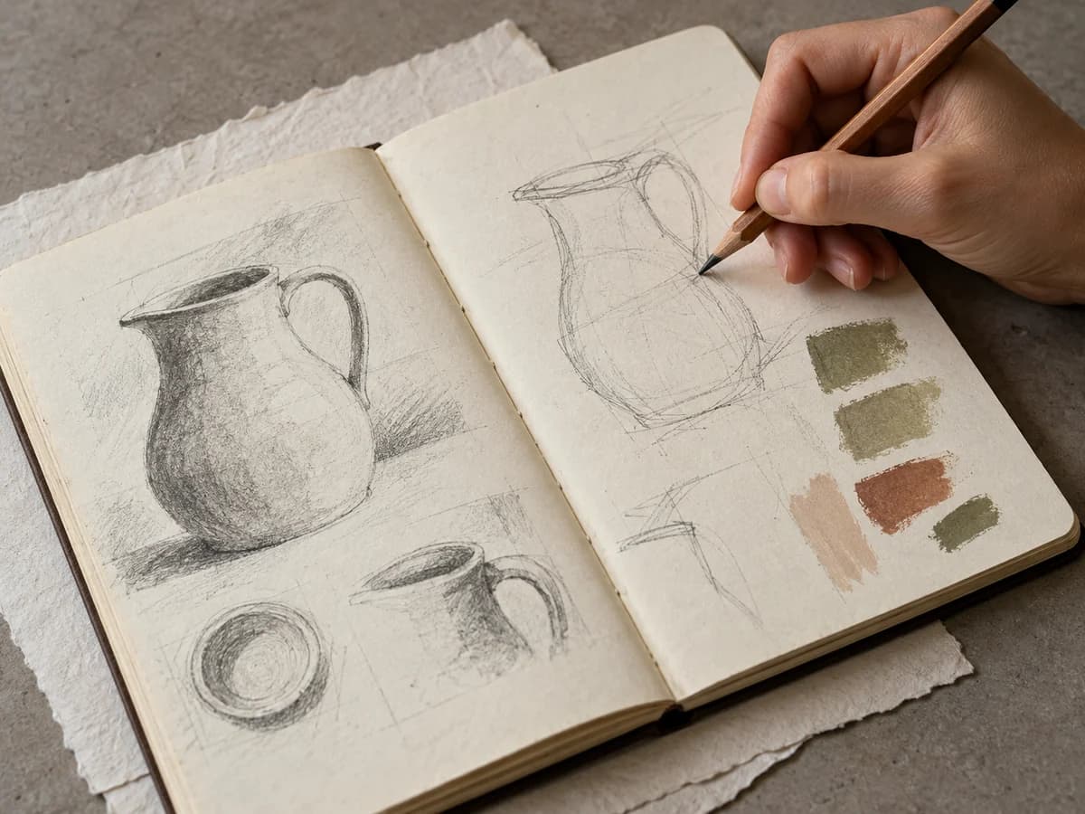 Paper stocks and a working sketchbook at an independent stationery studio