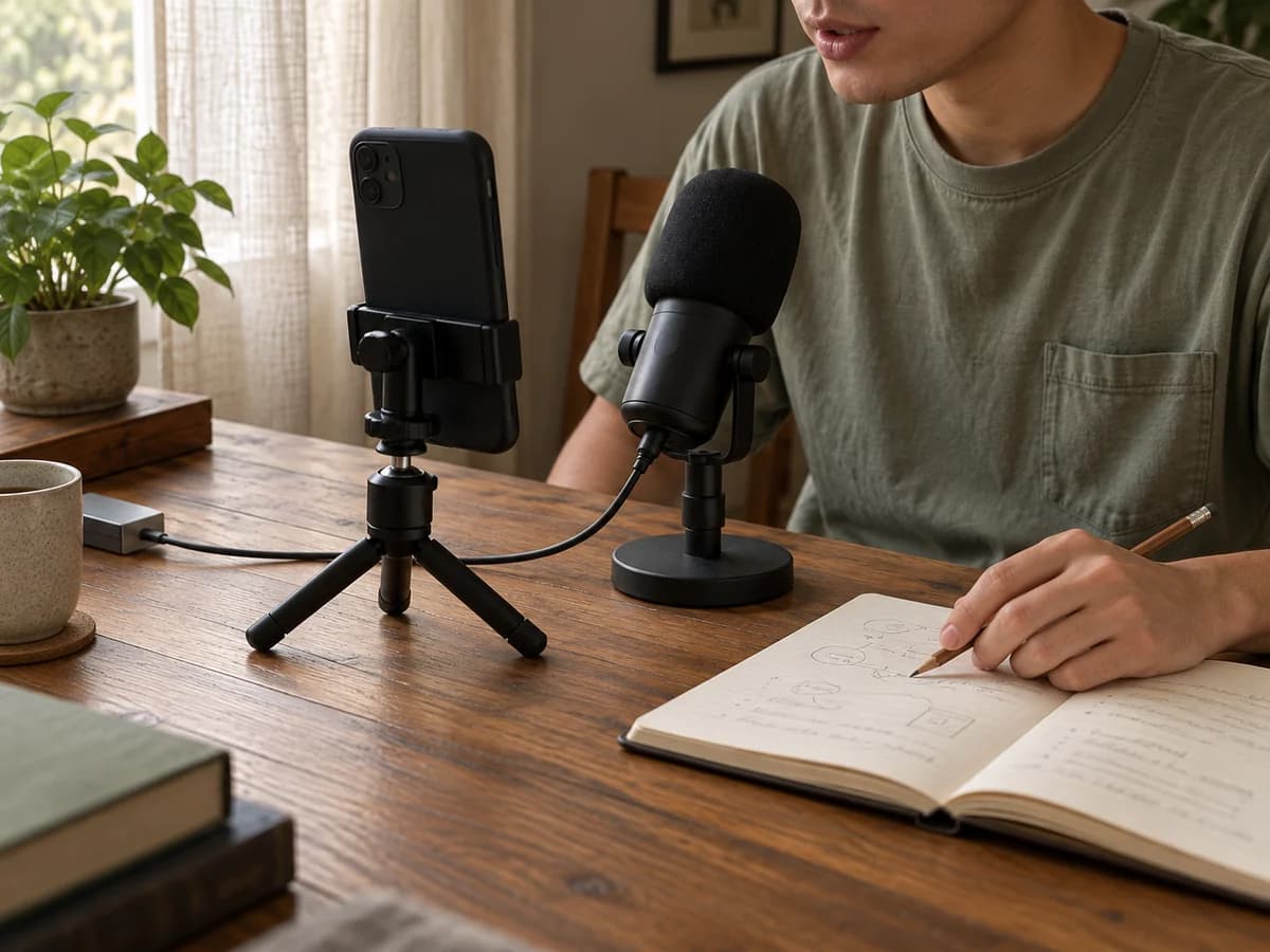 A wider view of the same phone and microphone setup used in the tutorial